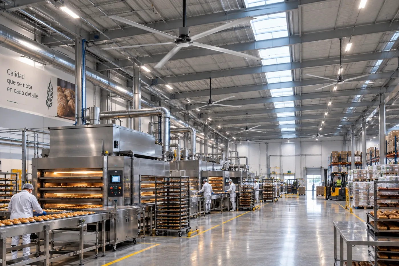 Ventiladores HVLS sobre los hornos de una panadería industrial