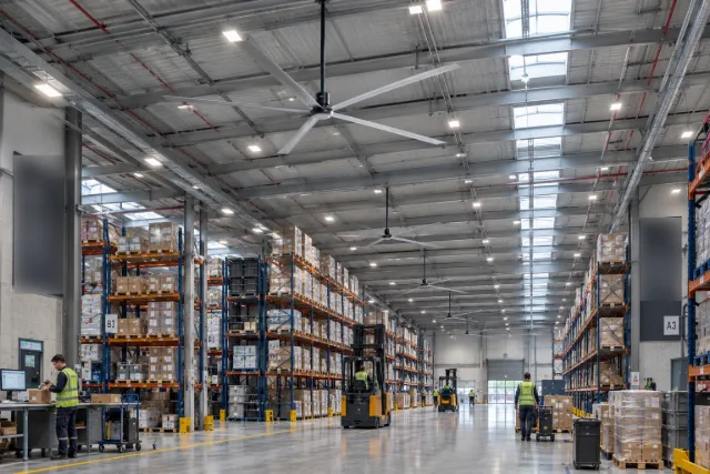 Ventiladores HVLS sobre los pasillos de un almacén