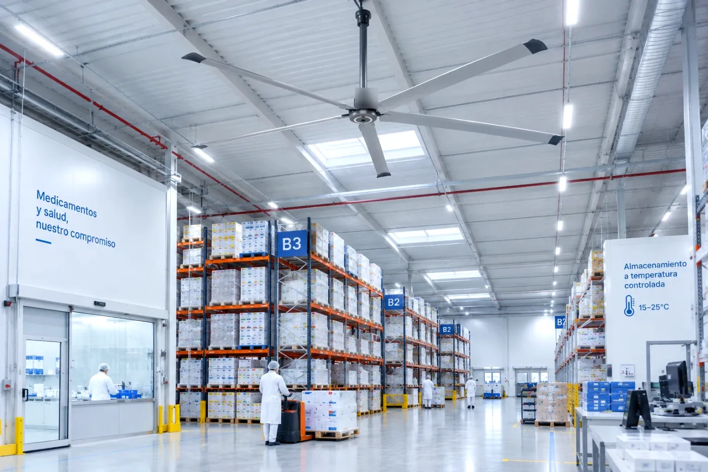 Ventilador HVLS en un almacén farmacéutico de temperatura controlada