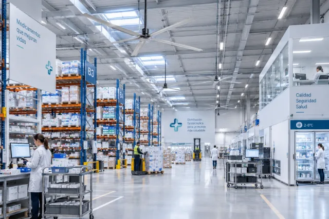 Ventilador HVLS en un almacén farmacéutico de temperatura controlada
