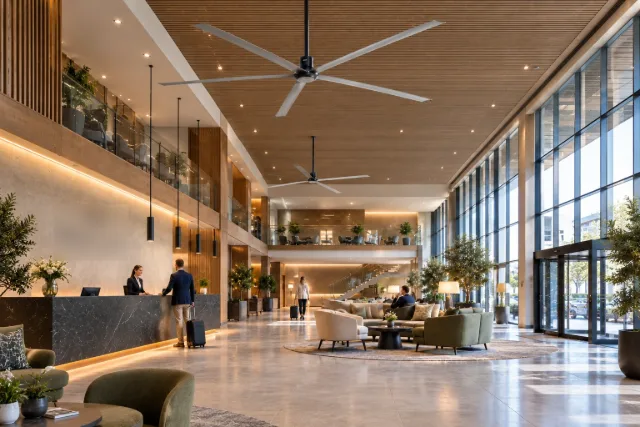 Ventiladores HVLS en el vestíbulo de un hotel