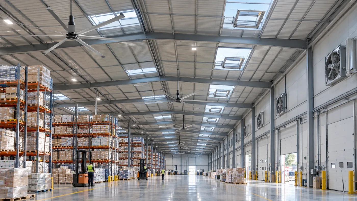 Ventiladores HVLS y extractores de pared en una nave logística con muelles de carga