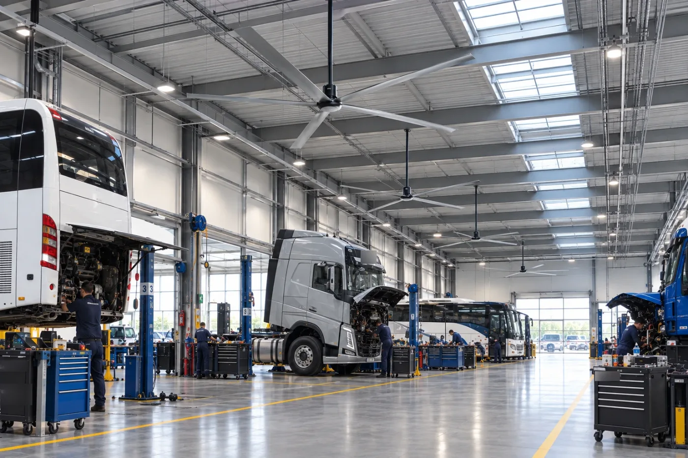 Ventiladores HVLS en un taller de camiones y autobuses